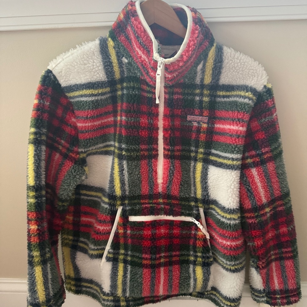 VINEYARD VINES Plaid Marshmallow Sherpa Fleece Supershep Pullover - size Small